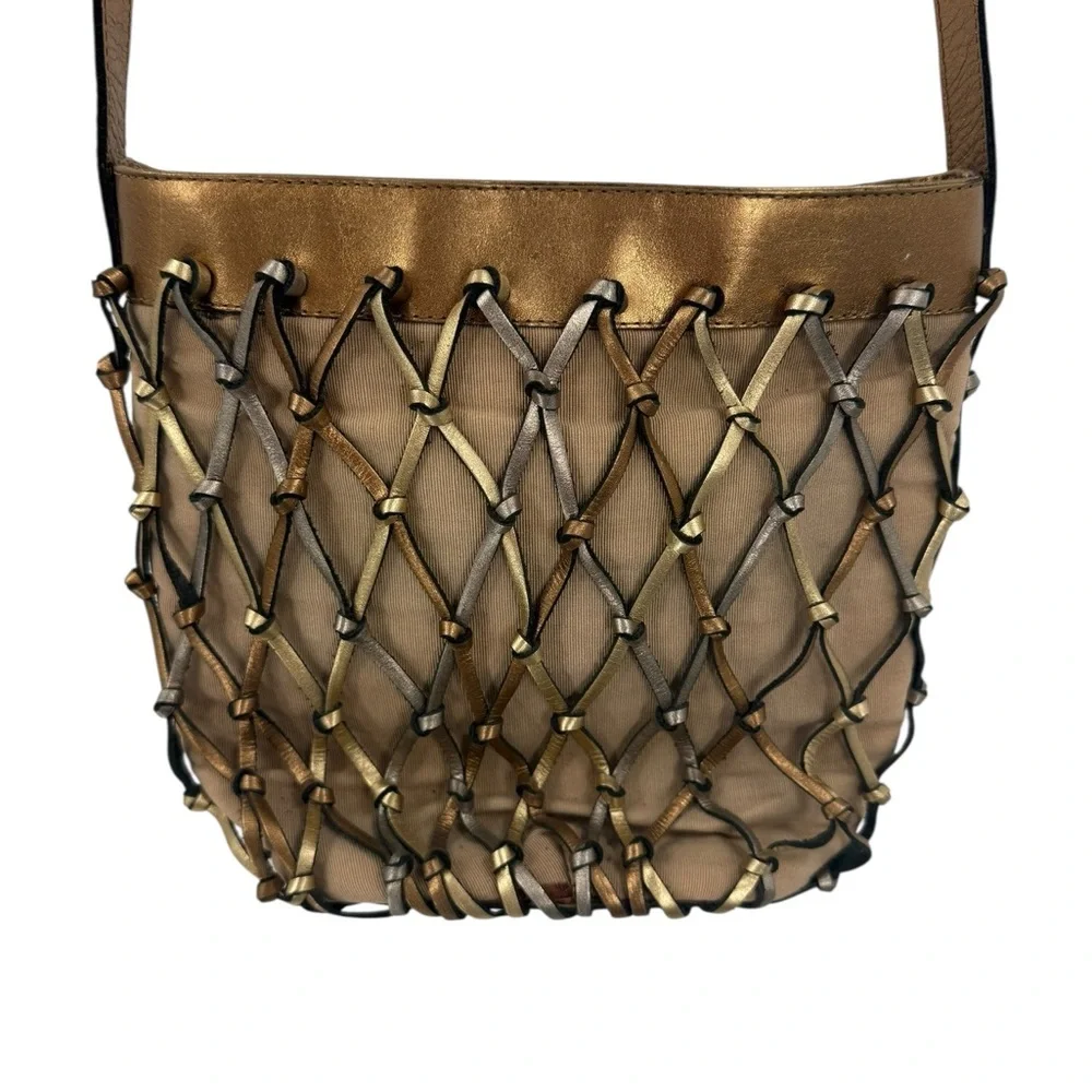 Maripe Genuine Leather Woven Lattice Shoulder Bag Metallic Gold Silver Copper